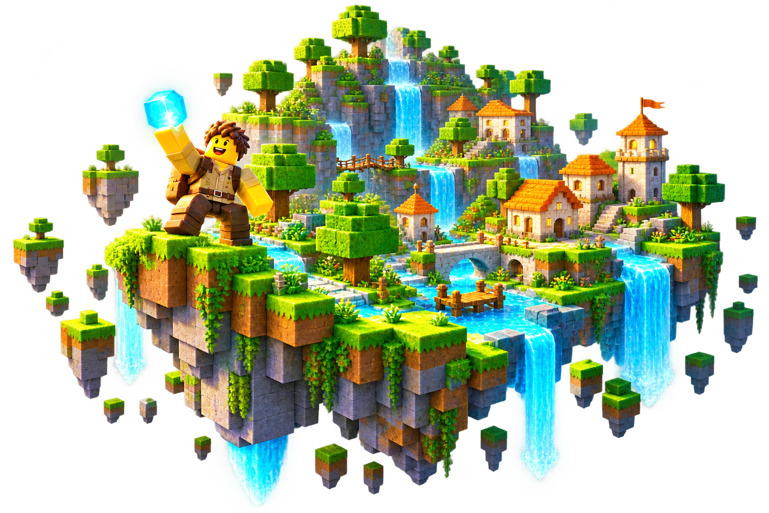 A floating block-built island with a village, waterfalls, and a Roblox-style adventurer